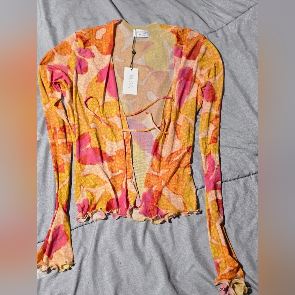 RESA Pink and Orange Graphic Ruched Blouse